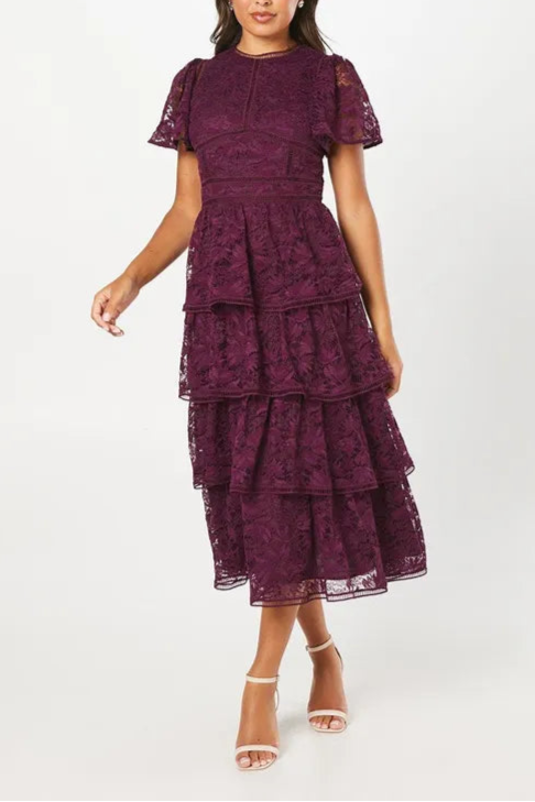 Tiered Lace Mother Of The Bride Outfits Dress With Flutter Sleeve & Trims