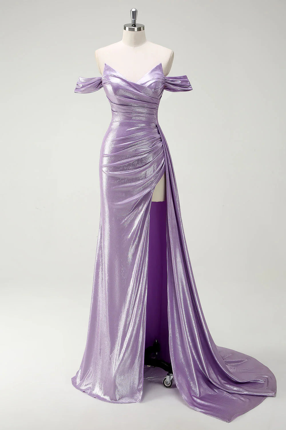 Sparkly Off The Shoulder Lilac Ruched Side Cape Prom Dress With Slit