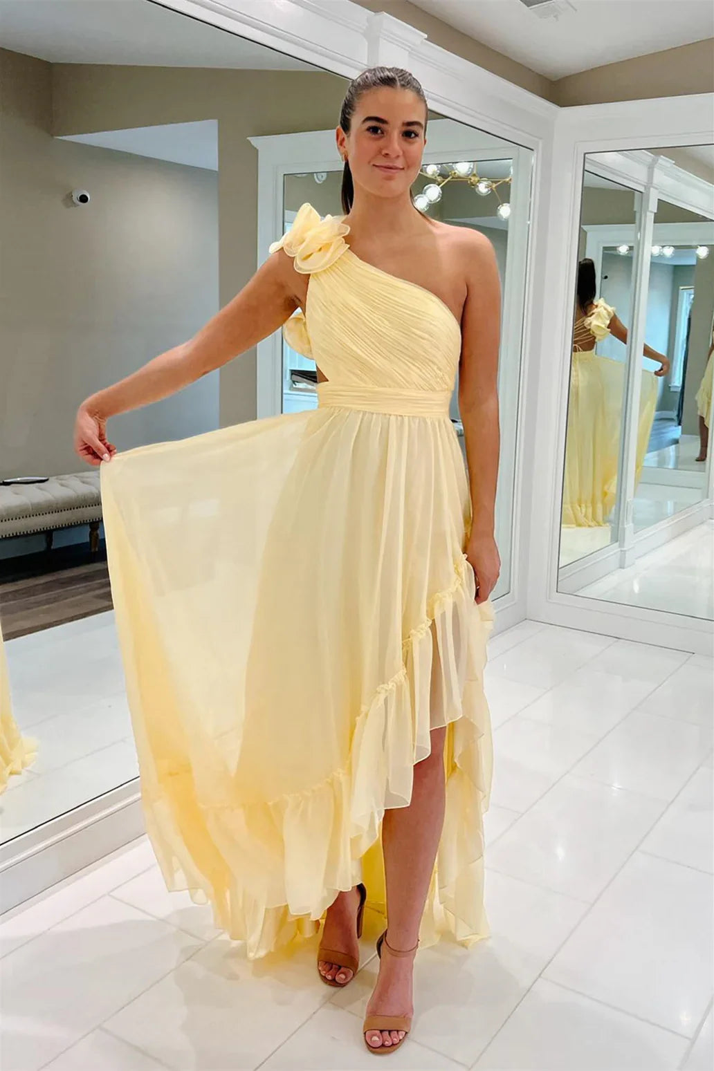 Light Yellow A Line One Shoulder Floral Chiffon Long Wedding Guest Dress