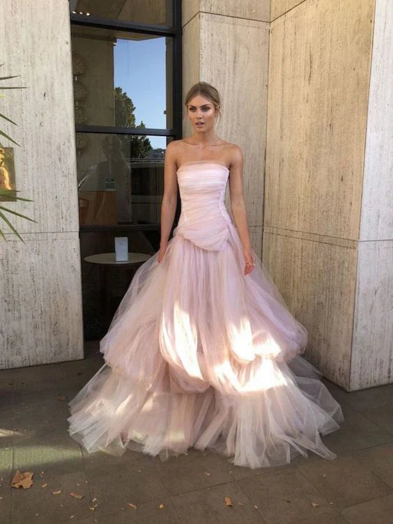 Light pink tulle long prom dress