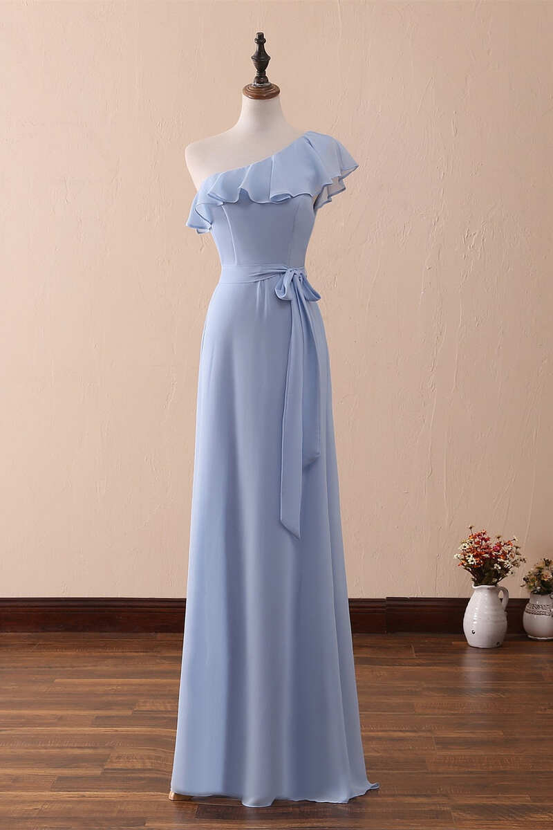 One-Shoulder Ruffled Chiffon Long Bridesmaid Dress Periwinkle A-Line Prom Dress