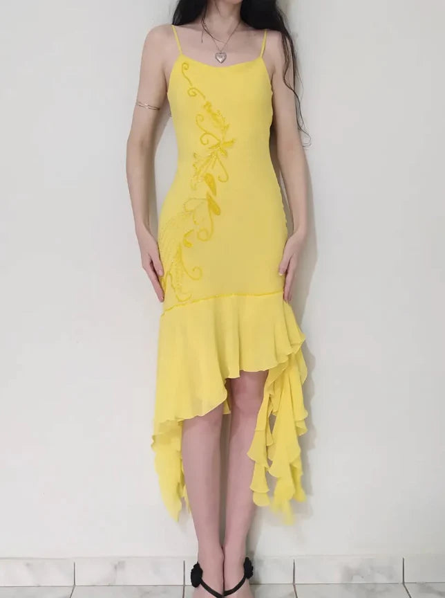 Cute Sheath Spaghetti Strap Beaded Yellow Ruffle Chiffon Prom Dress