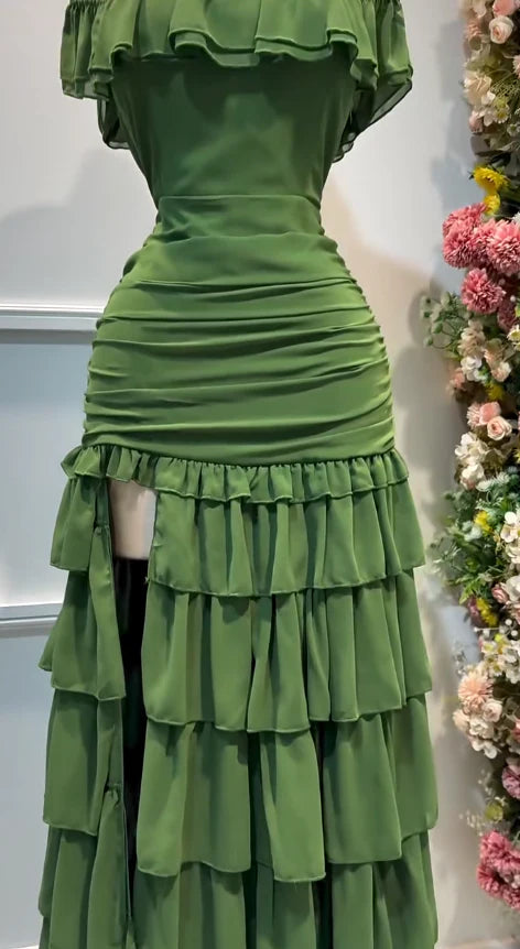 Stunning Forest Green Bodycon Chiffon Tiered Long Party Dresses Off-the-shoulder Evening Gowns with Slits
