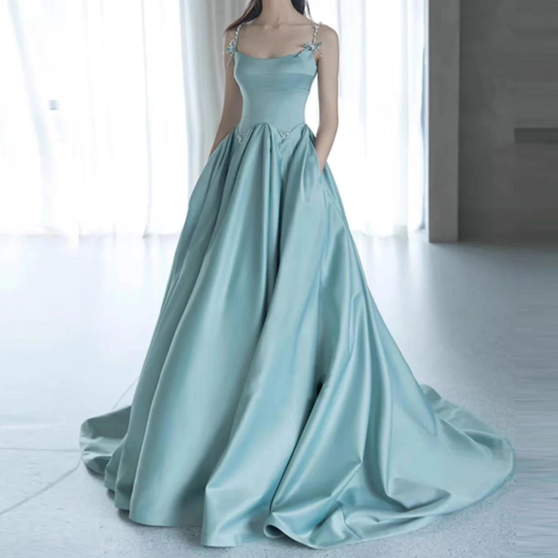 Elegant Pearl Satin Retract Your Waist Spaghetti Strap Prom Dress