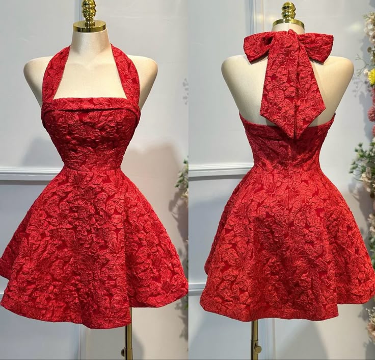 Red A-Line Halter Neck Homecoming Dress Jacquard Satin Gorgeous Open Back Short Prom Dresses