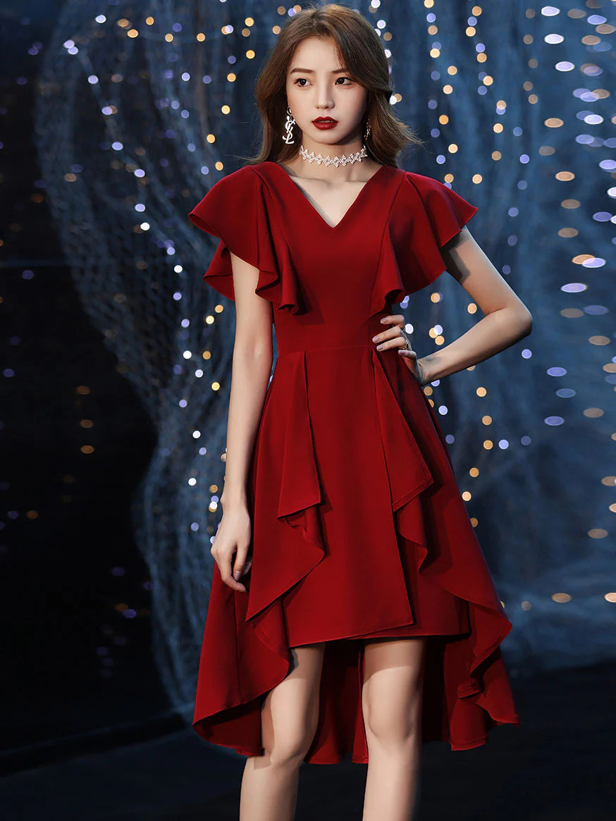 Simple V Neck Burgundy Short Prom Dresses, Unique design Homecoming Dresses