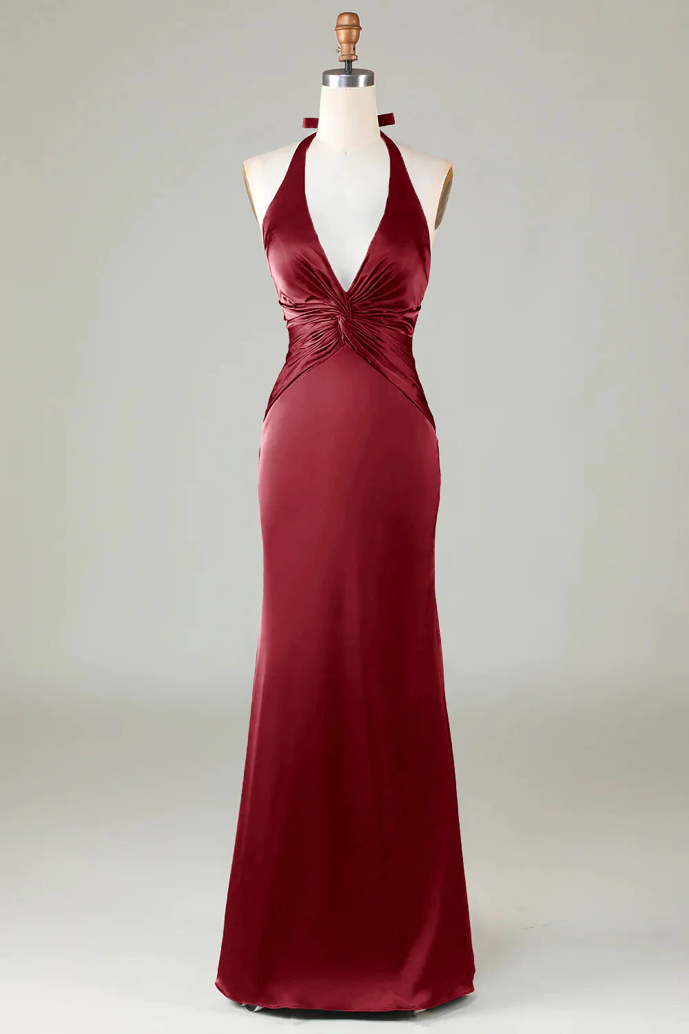 Full of charm Burgundy Mermaid Halter Long Satin Bridesmaid Dress