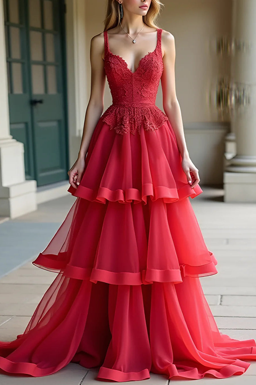 Noble and elegant Lace Red A Line Tiered V-Neck Long Prom Dress