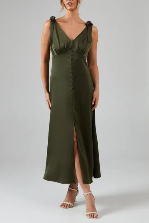 Satin Button Front Tie Shoulder Retract Your Waist Midi Bridesmaids Dress