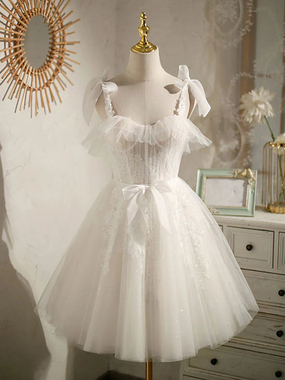White sweetheart neck tulle lace short prom dress, Cute and unique homecoming dress