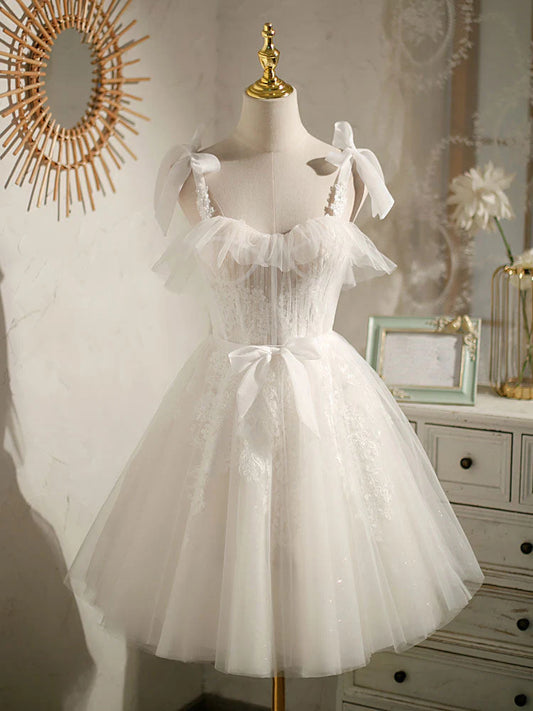 White sweetheart neck tulle lace short prom dress, Cute and unique homecoming dress