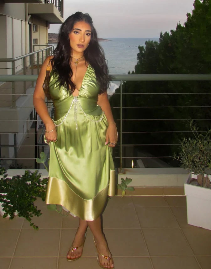 Sexy A Line V Neck Beaded Green Satin Open Back Long Party Dress