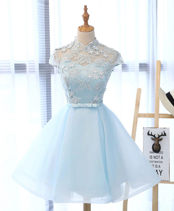 Light Blue Applique Short Prom Dress, Appropriate color matching Homecoming Dress