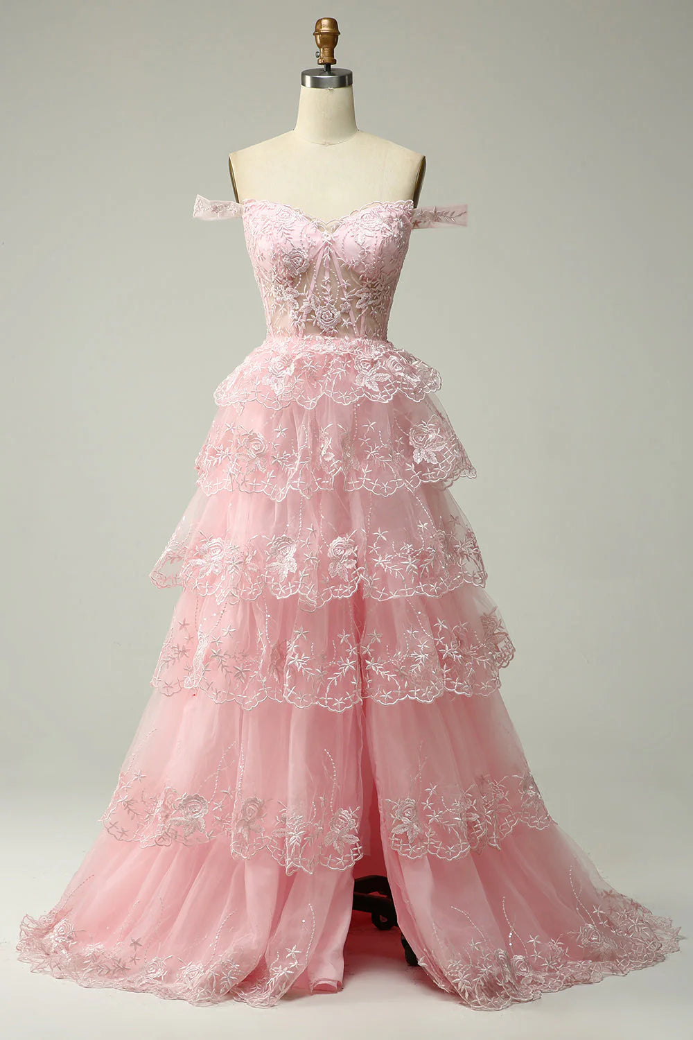Classic fit Pink Off The Shoulder Tiered Retract Your Waist Prom Dress