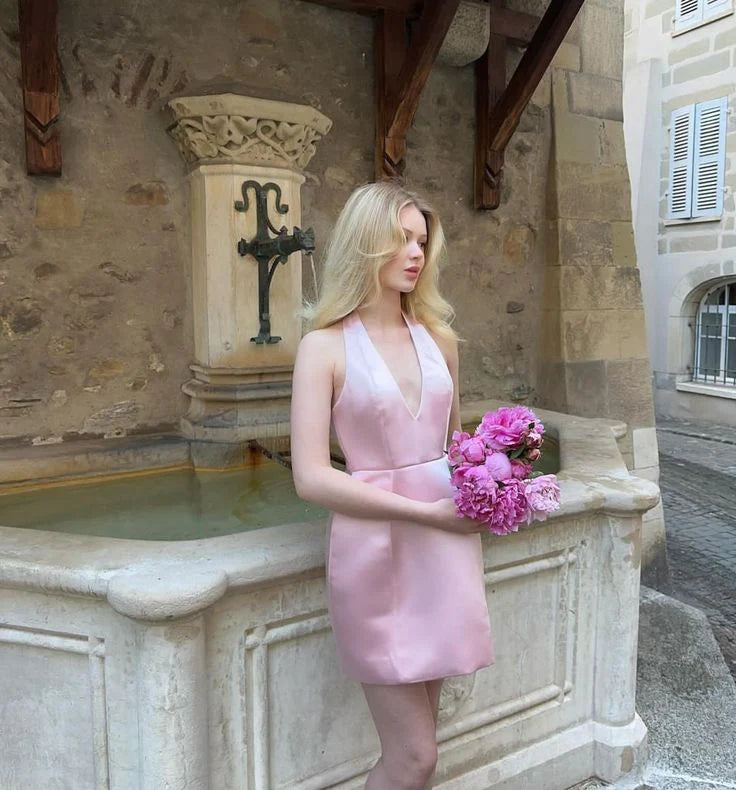 Cute Light Pink Sheath Halter Satin Short Backless Homecoming Dress