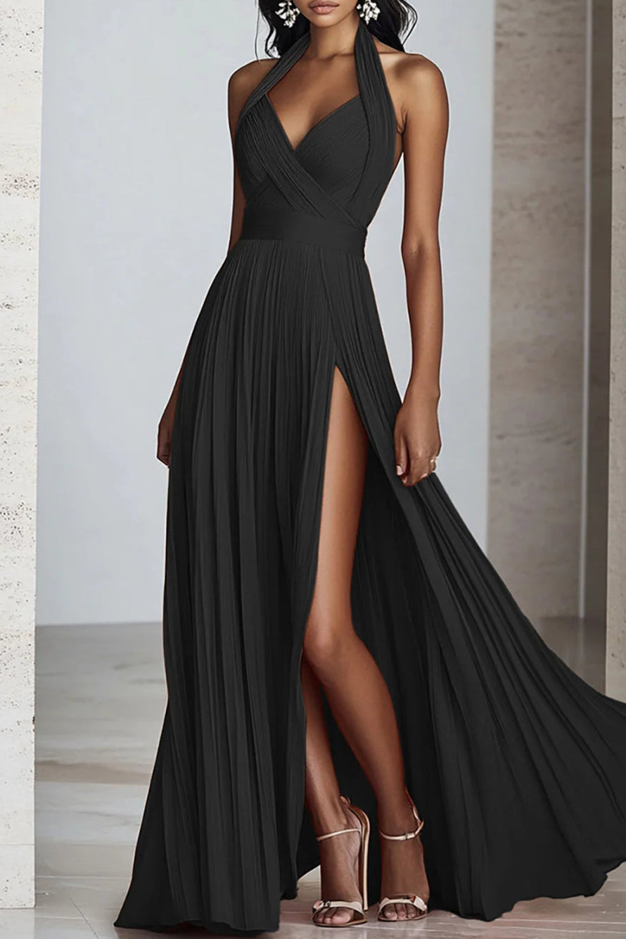 Black A Line Halter Neck Pleated Long Formal Evening Dress With Slit