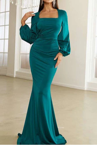 Green Square Neck Long Retract Your Waist Sleeve Mermaid Formal Gown