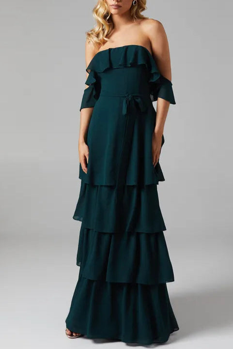 Petite Bardot Tiered Georgette One-Shoulder With Tie Detail Bridesmaids Dress