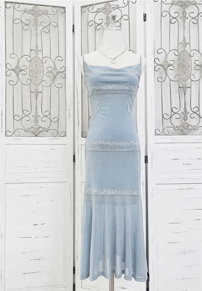 Charming Mermaid Spaghetti Strap Rhinestone Baby Blue Chiffon Prom Dress