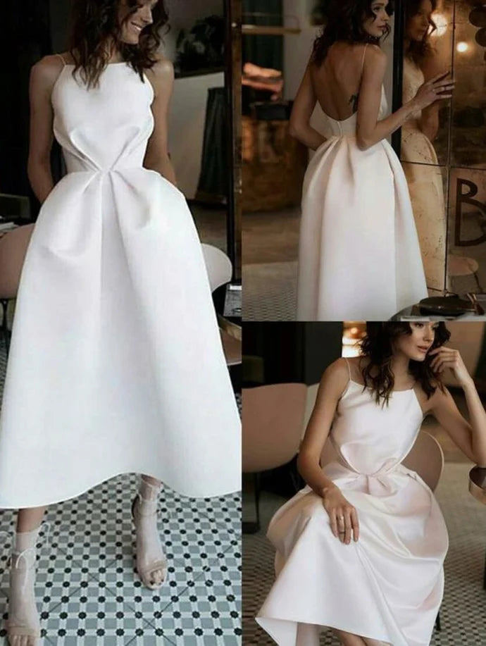 A-Line Spaghetti Straps Backless Tea-Length White Prom Dress