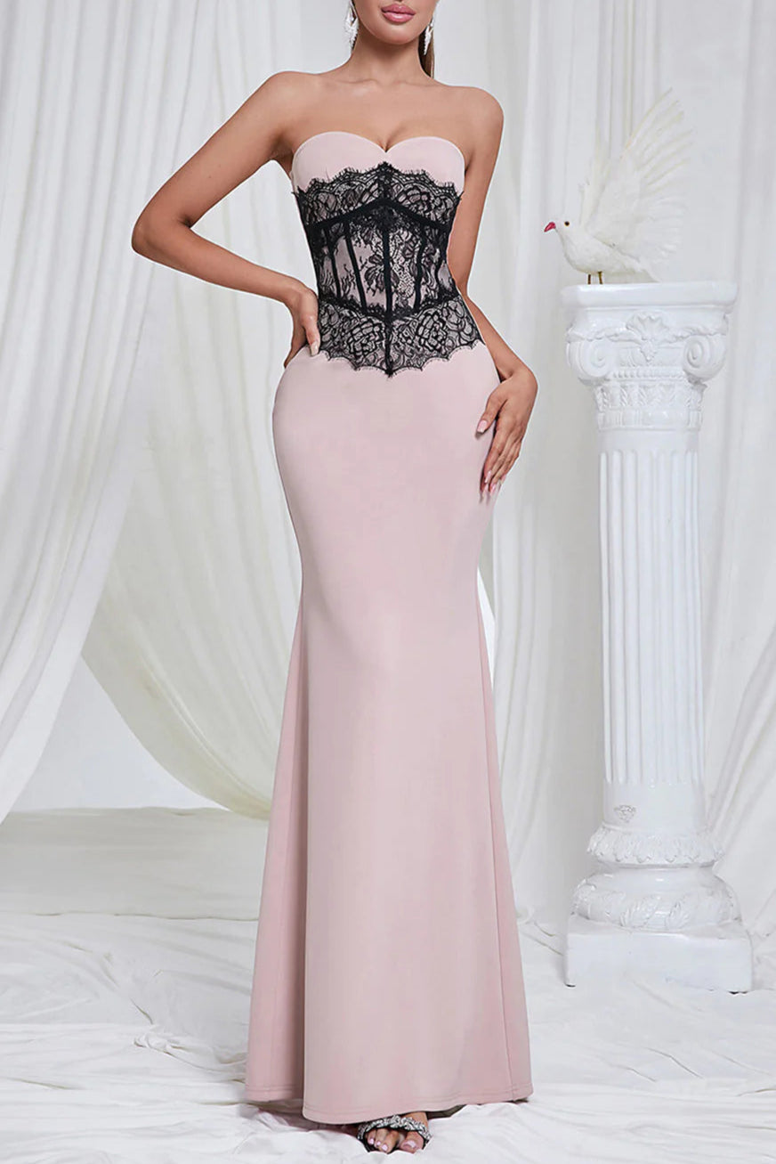 Unique design Mermaid Pink Strapless Lace Exquisite tailoring Long Prom Dress