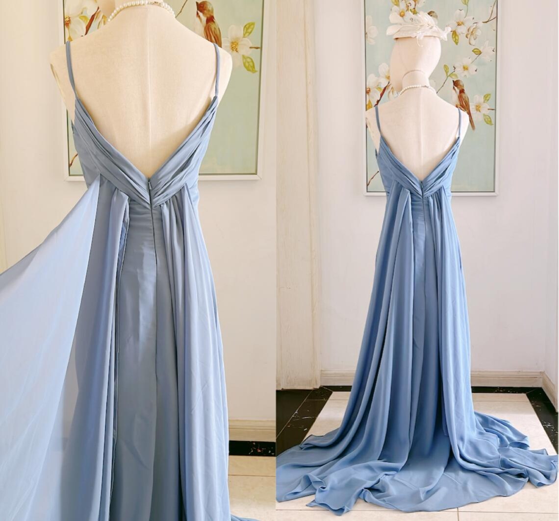 blue chiffon vintage prom dress simple bridesmaid dresses Classic fit party gown