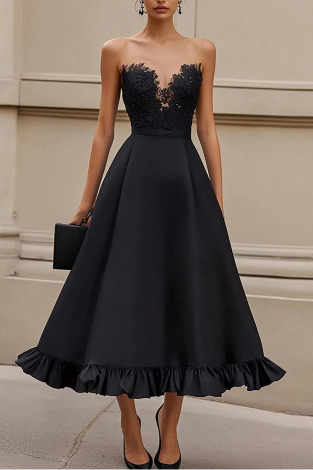 Black Strapless Appliqued Long Retract Your Waist Formal Party Dress with Ruffles