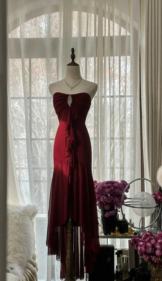 Vintage Red Mermaid Strapless Chiffon Prom Dress Graduation Party Dress