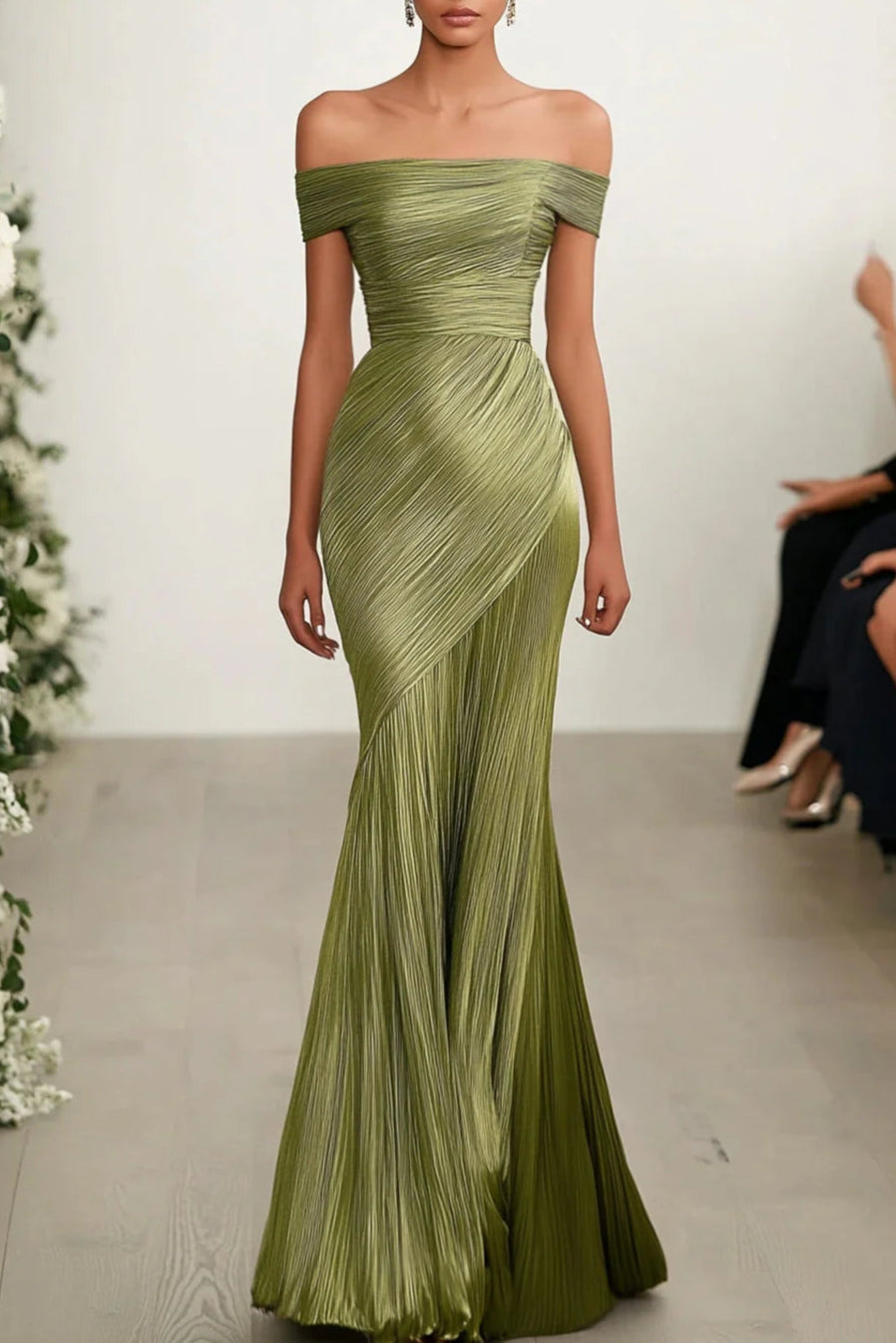 Off The Shoulder Metallic Satin Green Sheath Red Carpet Dress