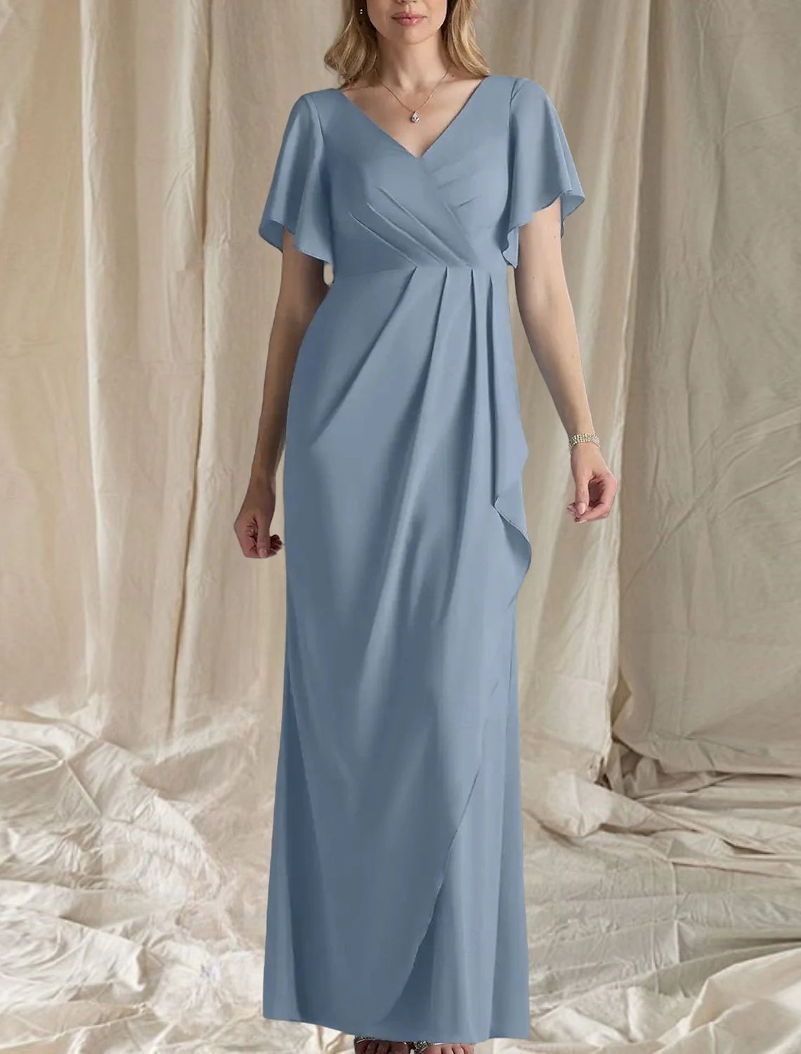 A-Line Mother of the Bride Dress Wedding Guest Elegant Sweet V Neck Floor Length Chiffon Short Sleeve with Ruching Side-Draped
