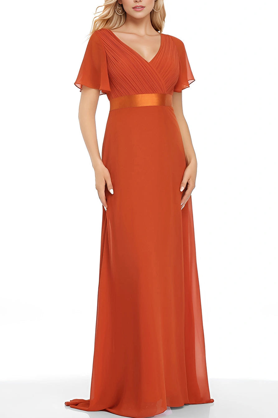 Elegant V Neck Ruffle Sleeve Ruched Empire Waist A line Maxi Chiffon Evening Dress
