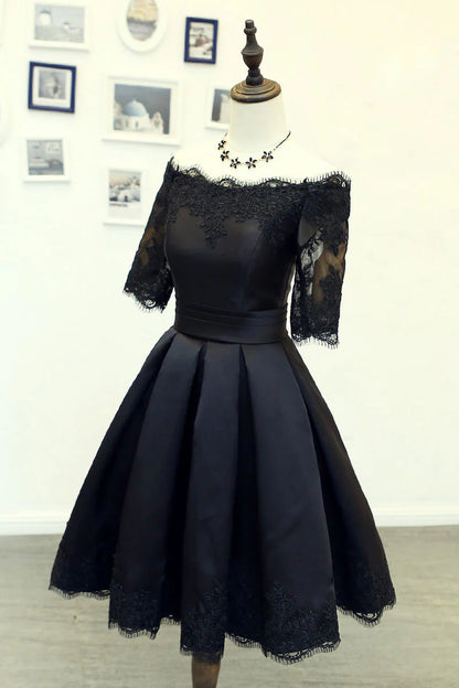 Black lace short prom dress, Retract your waist homecoming dress