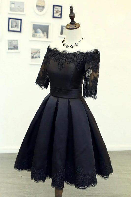 Black lace short prom dress, Retract your waist homecoming dress