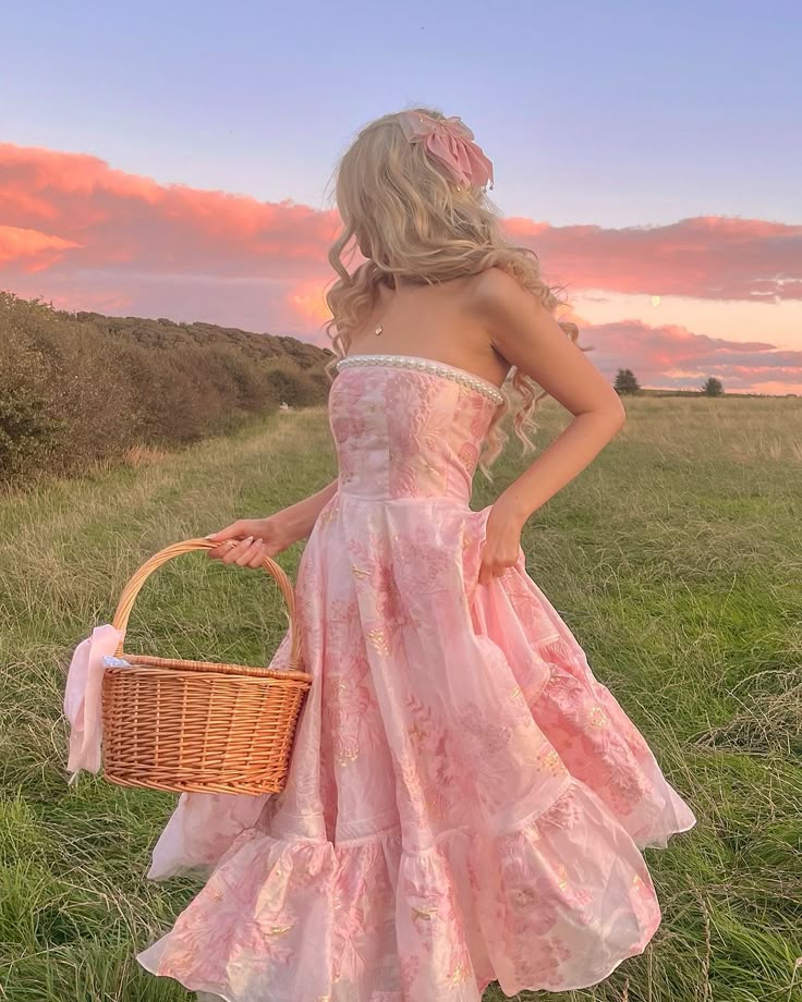 Princess A Line Strapless Print Floral Pink Satin Prom Dress Full of charm Evening Dress