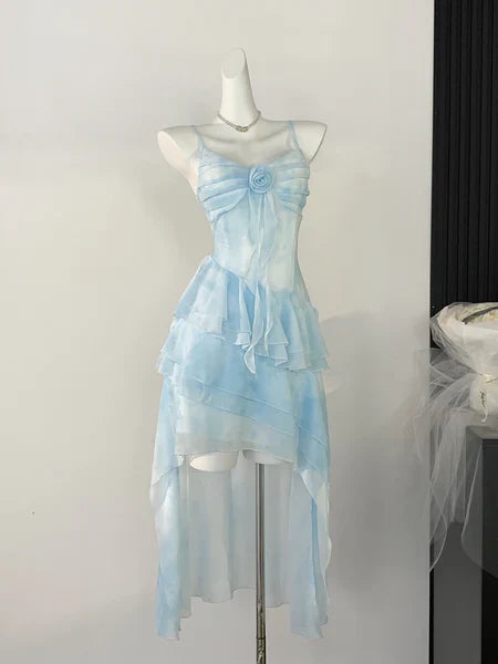 Ethereal Blue High-Low Slim-fit Ruffle Layered Short Prom Dress Outfits