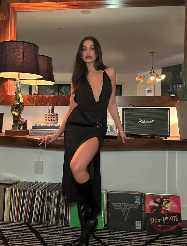 Sexy Mermaid V Neck Black Satin Open Back Prom Dress Evening Dress with Slit