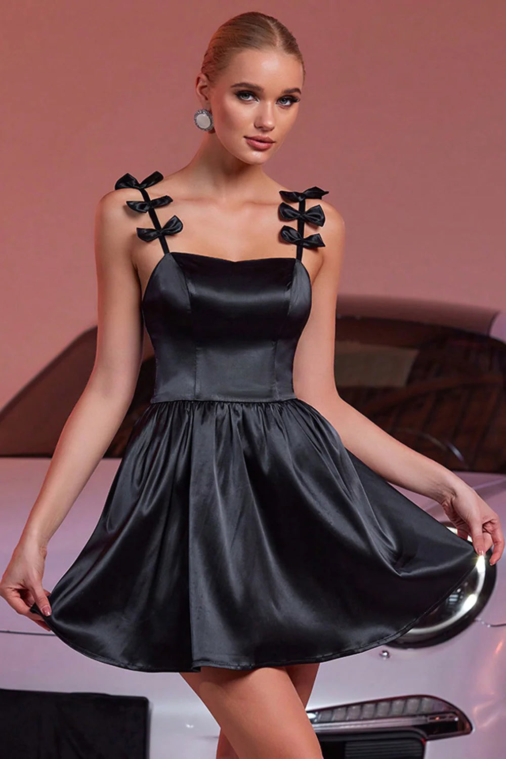 Black Satin A Line Short Retract Your Waist Homecoming Dress Wit