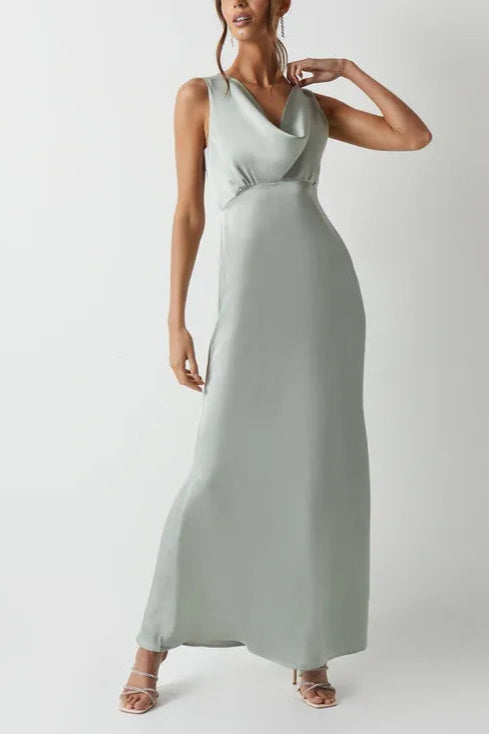 Cowl Front Satin Fishtail Retract Your Waist Bridesmaids Maxi Dress