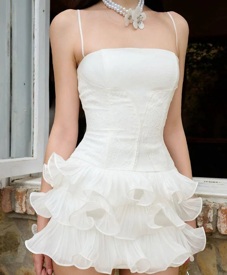 A-Line Lace Tulle Short Prom Dresses Simple White Spaghetti Straps Homecoming Dress