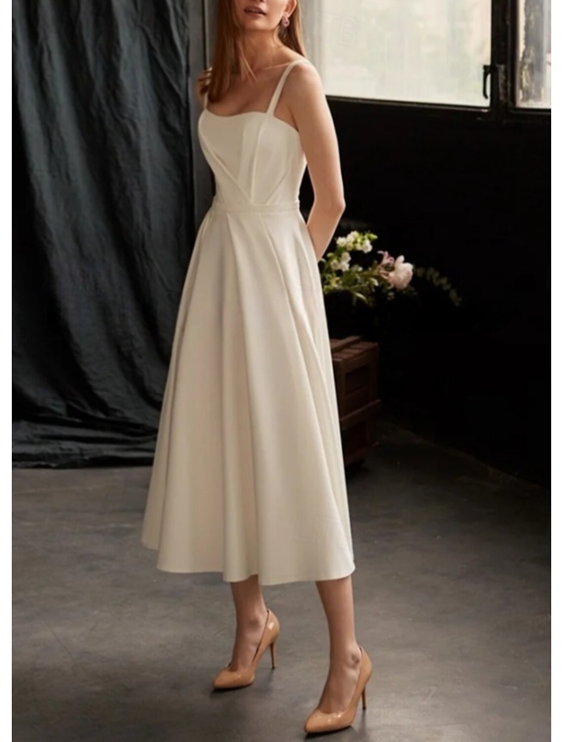 Engagement Little Graduation Wedding Dresses A-Line Spaghetti Strap Sleeveless Tea Length Satin Bridal Gowns