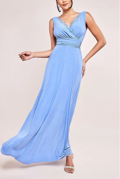 Diamante & Scalloped Lace Neck Retract Your Waist Bridesmaids Maxi Dress
