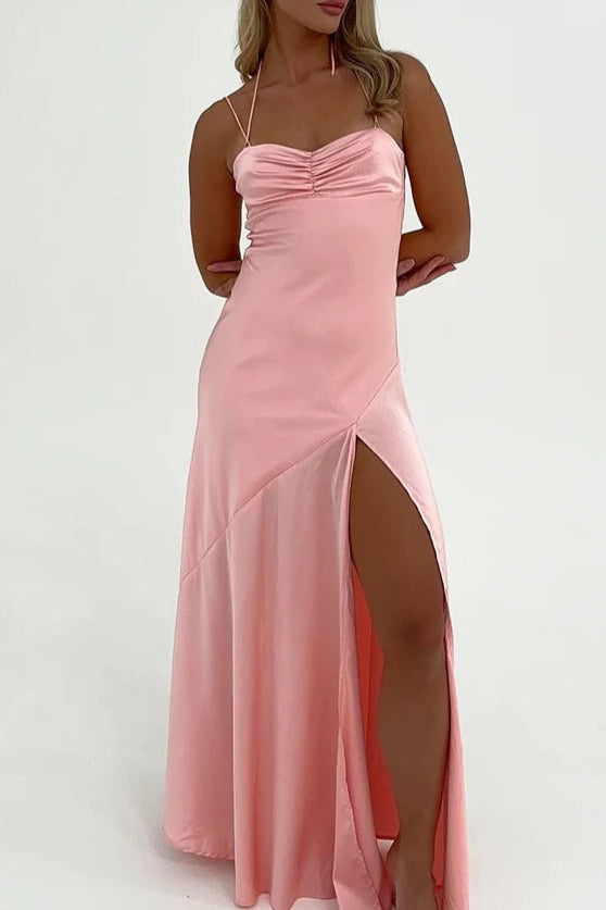 Spaghetti Straps Simple Sheath Pink Long Party Dress with Split Front