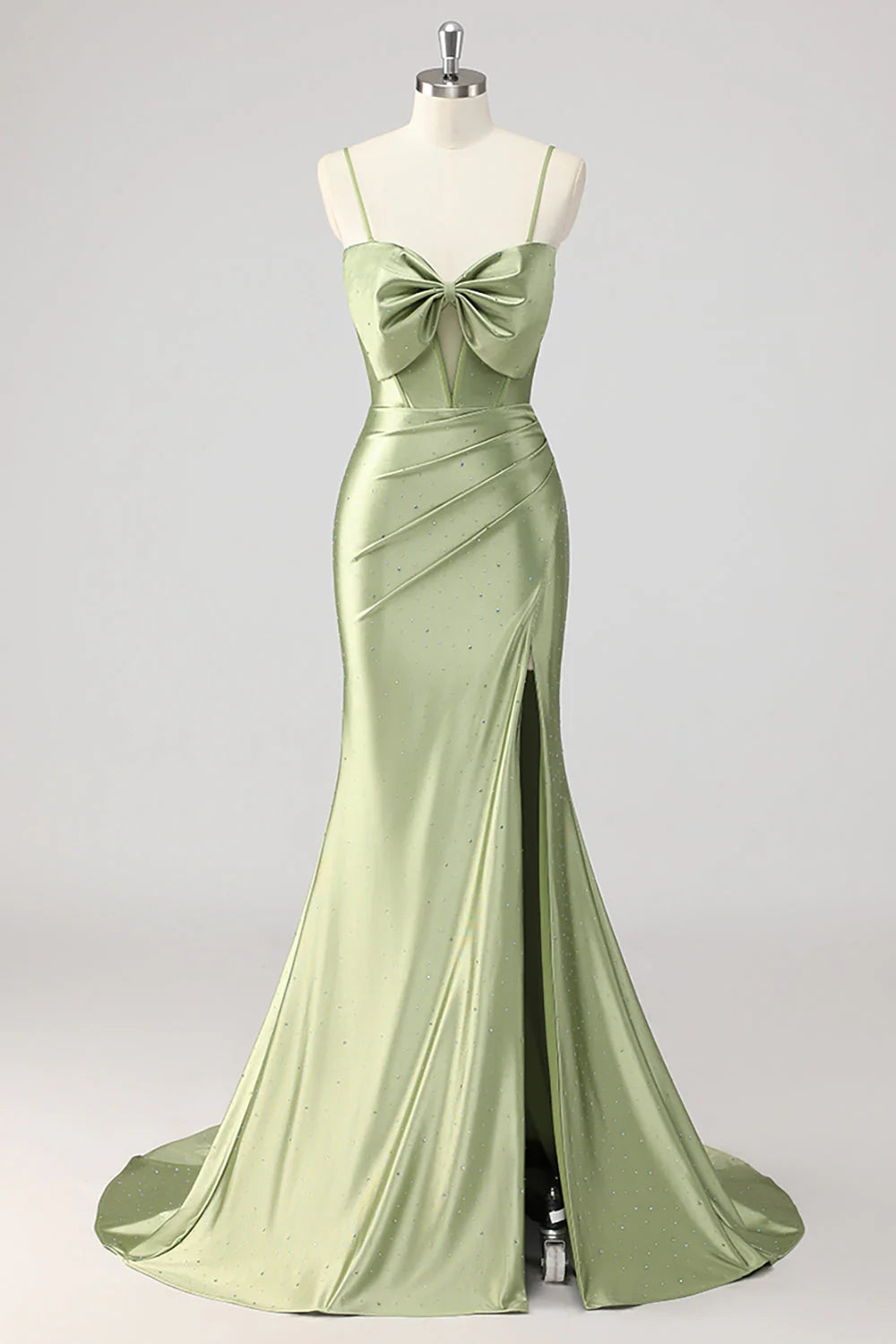 Beaded Corset Green Mermaid Bow Cut Out Satin Prom Dress with Slit