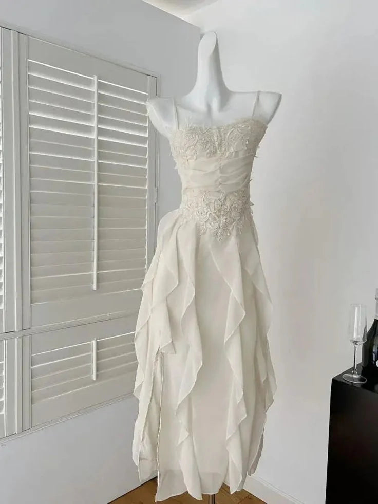 Cute A Line Spaghetti Strap Ruffle White Appliques Chiffon Party Dress