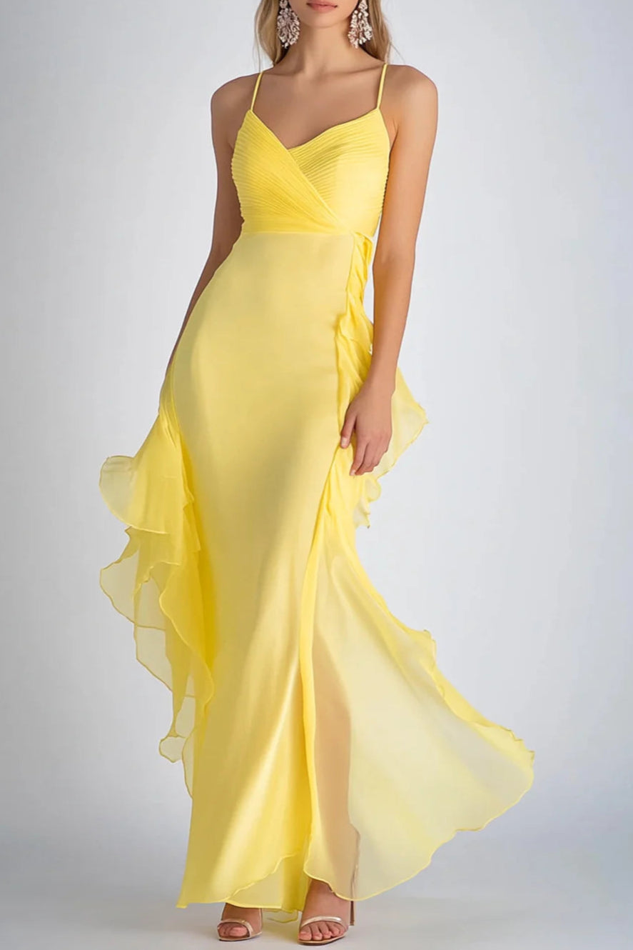 Light Yellow Spaghetti Straps Mermaid Chiffon Long Wedding Guest Dress