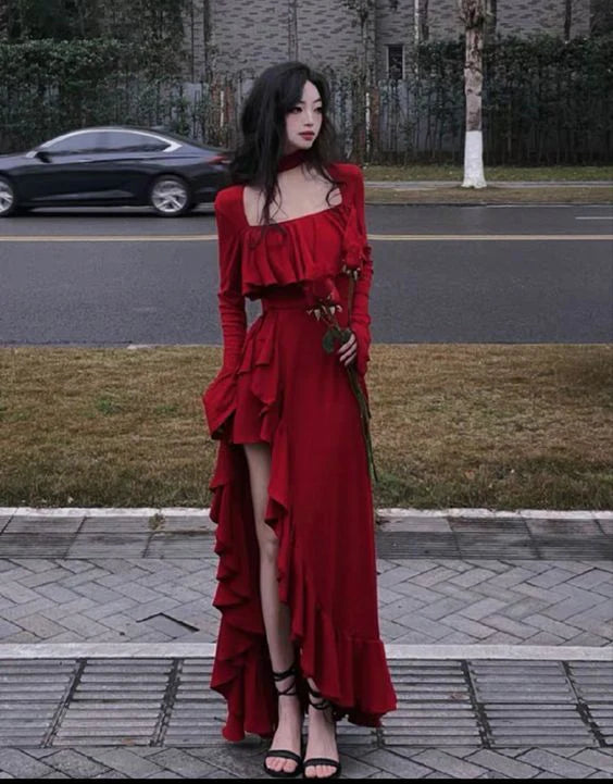 Vintage Red Prom Dress Long  Square Neck Irregular Evening Dress