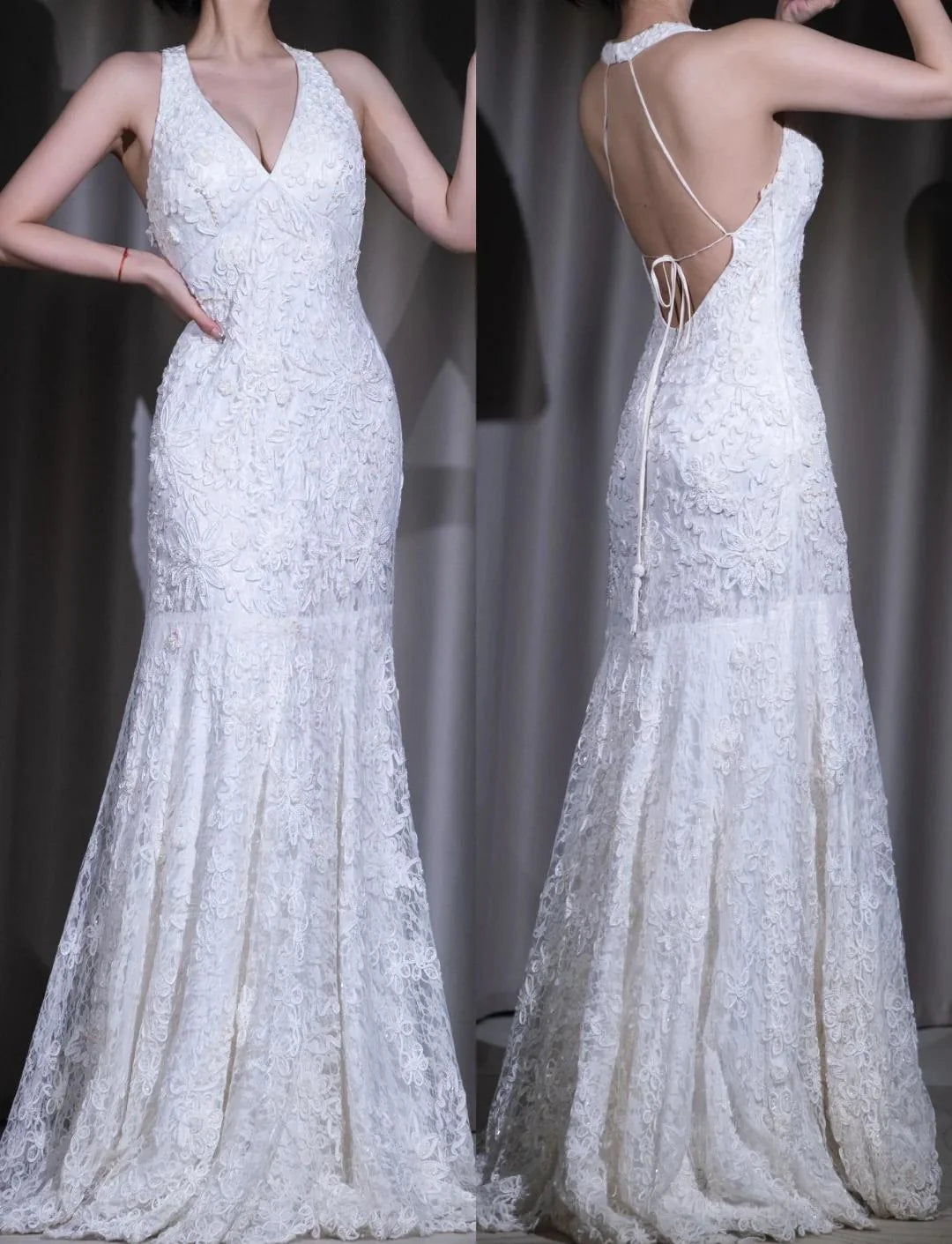 Lace Mermaid Applique Prom Dress White Elegant Retro V-neck Backless Evening Dress