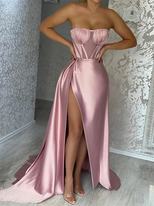 Mermaid Dusty Satin Strapless Pink Stylish Glitter Long Party Dress