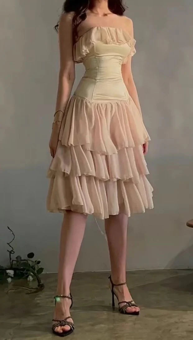 Strapless Tiered Beige Chiffon Satin Short Evening Dress Cute A Line Homecoming Dress