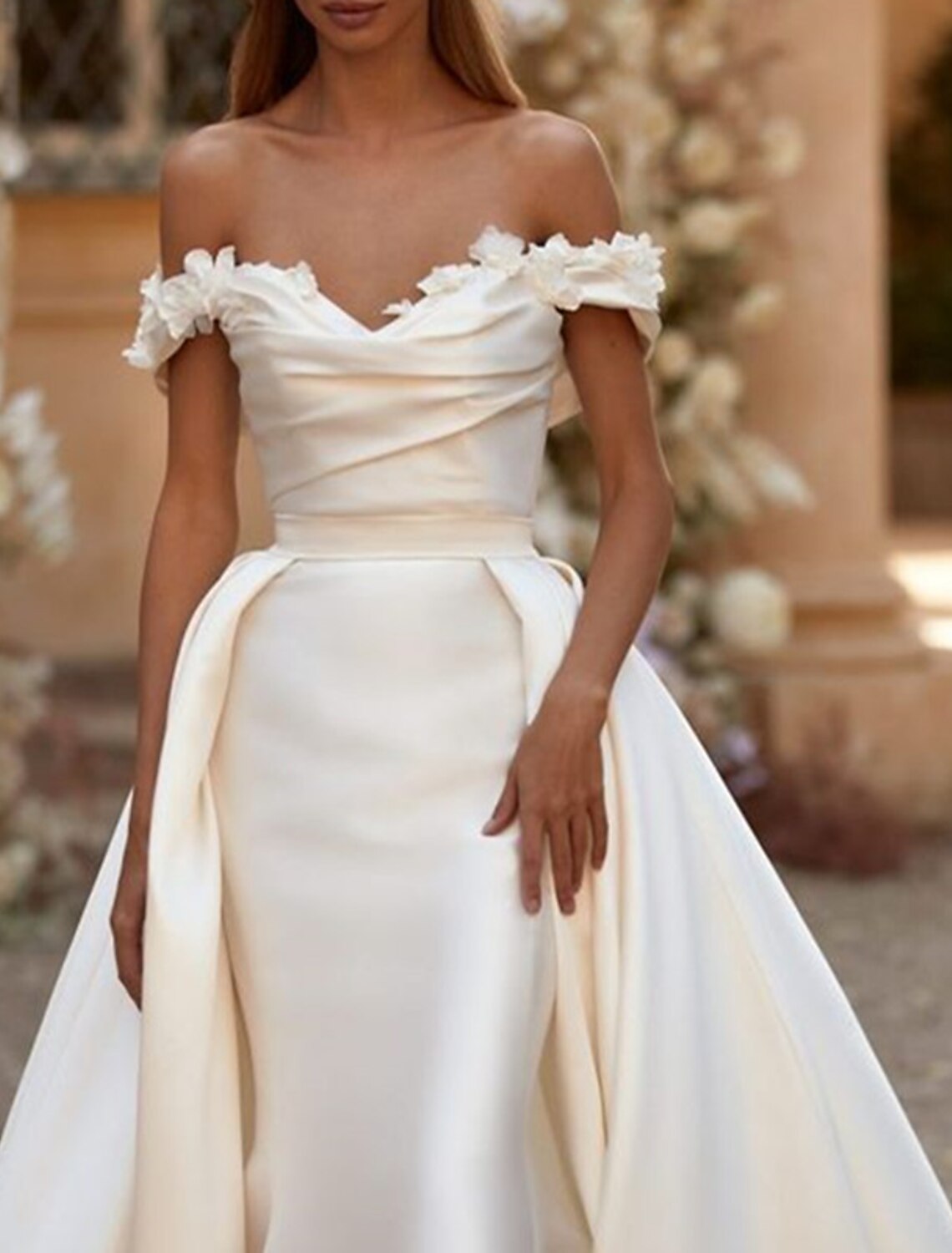 Engagement Off Shoulder Cap Sleeve Formal Wedding Dresses Sheath Court Train Satin Bridal Gowns With Ruched Solid Color